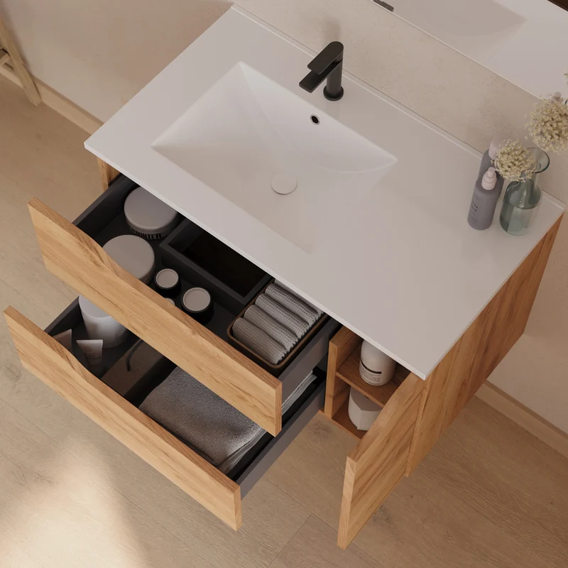 Meuble de salle de bain 80cm avec vasque déportée à gauche - sans miroir - 2 tiroirs et un placard - ZARZA