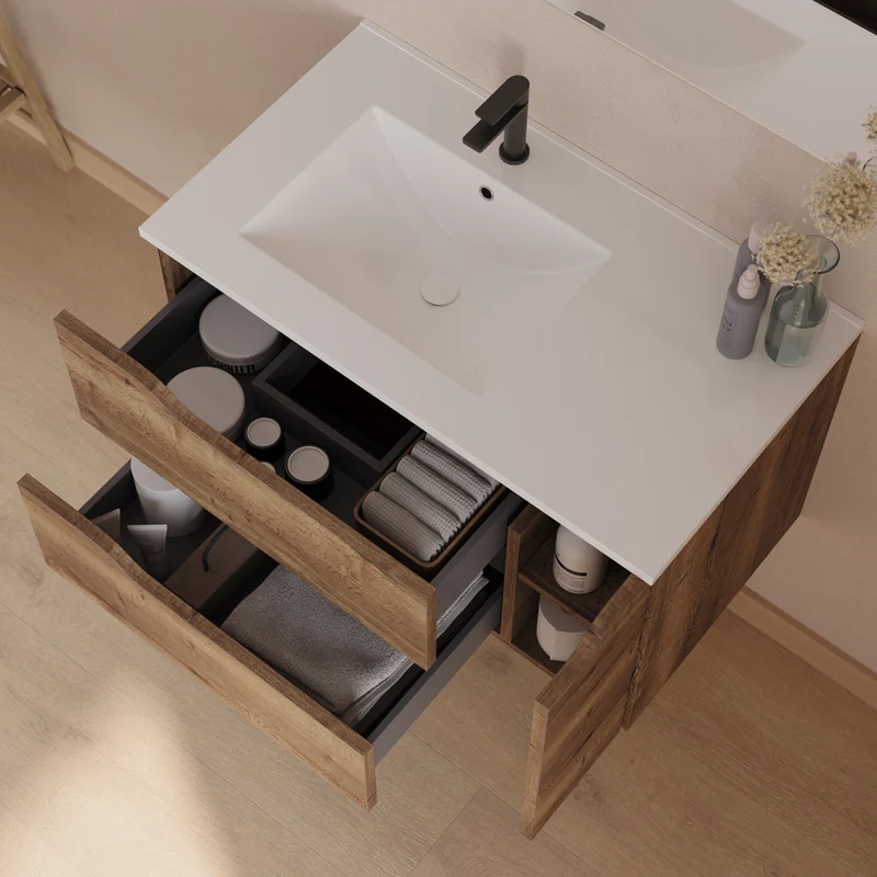 Meuble de salle de bain 80cm avec vasque déportée à gauche - sans miroir - 2 tiroirs et un placard - ZARZA