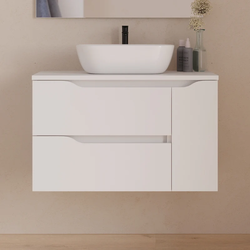 Meuble de salle de bain 80cm avec plateau, vasque centrée à poser Zeus et miroir - 2 tiroirs et un placard - ZARZA