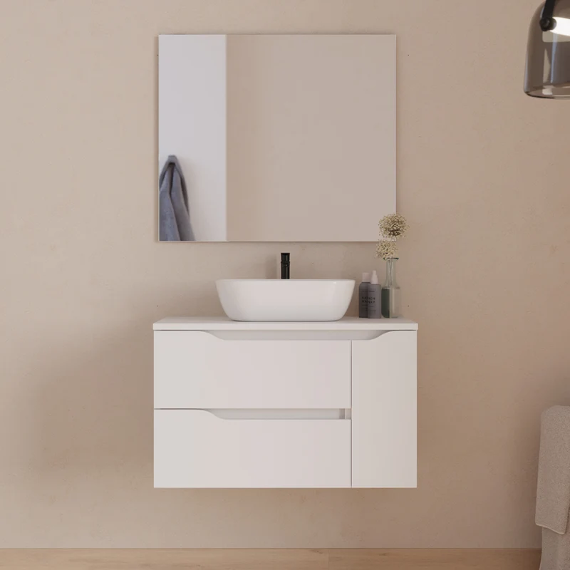 Meuble de salle de bain 80cm avec plateau, vasque centrée à poser Zeus et miroir - 2 tiroirs et un placard - ZARZA