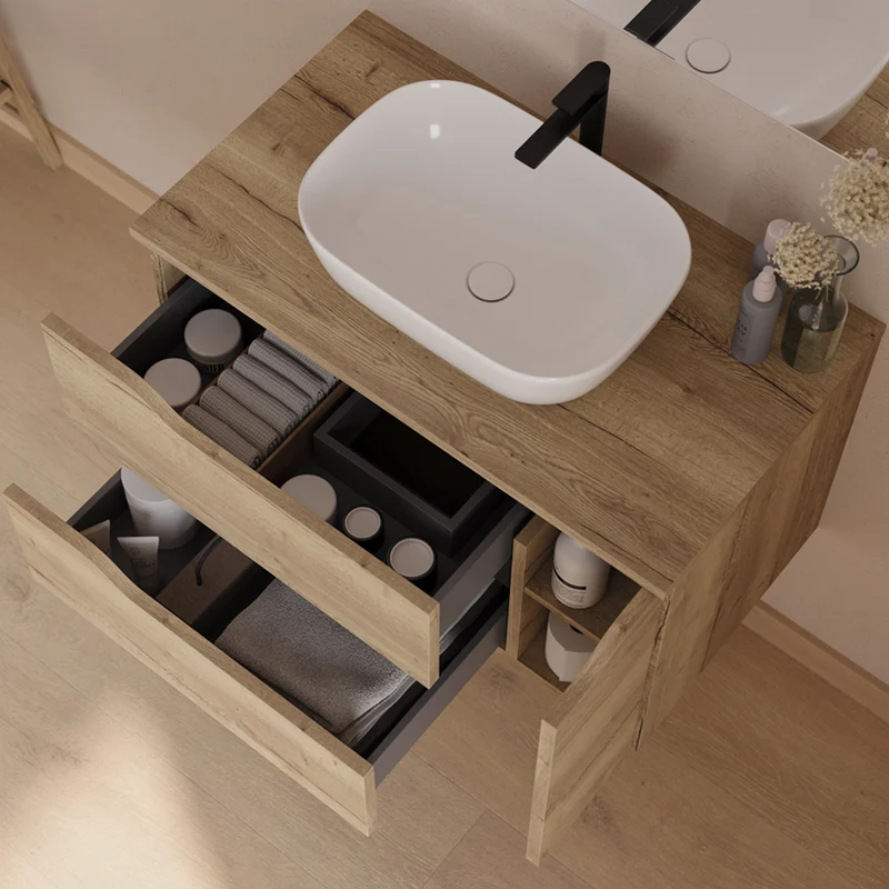 Meuble de salle de bain 80cm avec plateau, vasque centrée à poser Zeus et miroir - 2 tiroirs et un placard - ZARZA