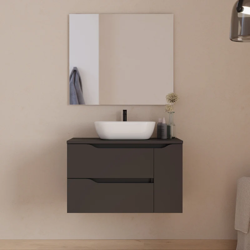 Meuble de salle de bain 80cm avec plateau, vasque centrée à poser Zeus et miroir - 2 tiroirs et un placard - ZARZA