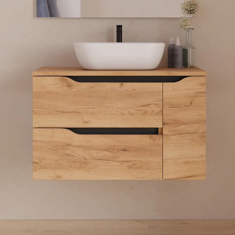 Meuble de salle de bain 80cm avec plateau, vasque centrée à poser Zeus et miroir - 2 tiroirs et un placard - ZARZA