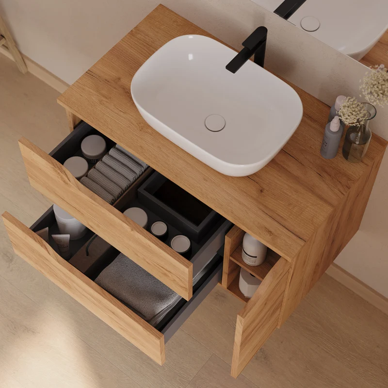 Meuble de salle de bain 80cm avec plateau, vasque centrée à poser Zeus et miroir - 2 tiroirs et un placard - ZARZA