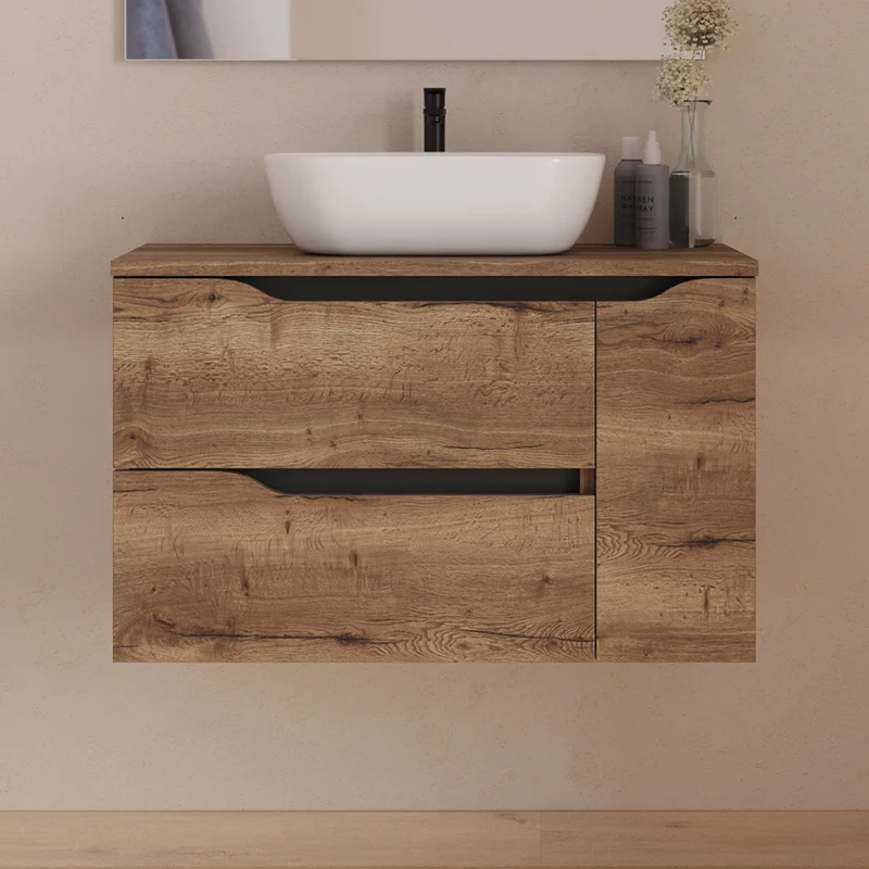 Meuble de salle de bain 80cm avec plateau, vasque centrée à poser Zeus et miroir - 2 tiroirs et un placard - ZARZA