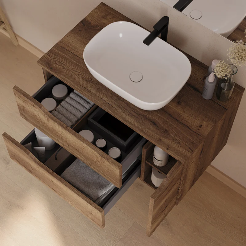 Meuble de salle de bain 80cm avec plateau, vasque centrée à poser Zeus et miroir - 2 tiroirs et un placard - ZARZA