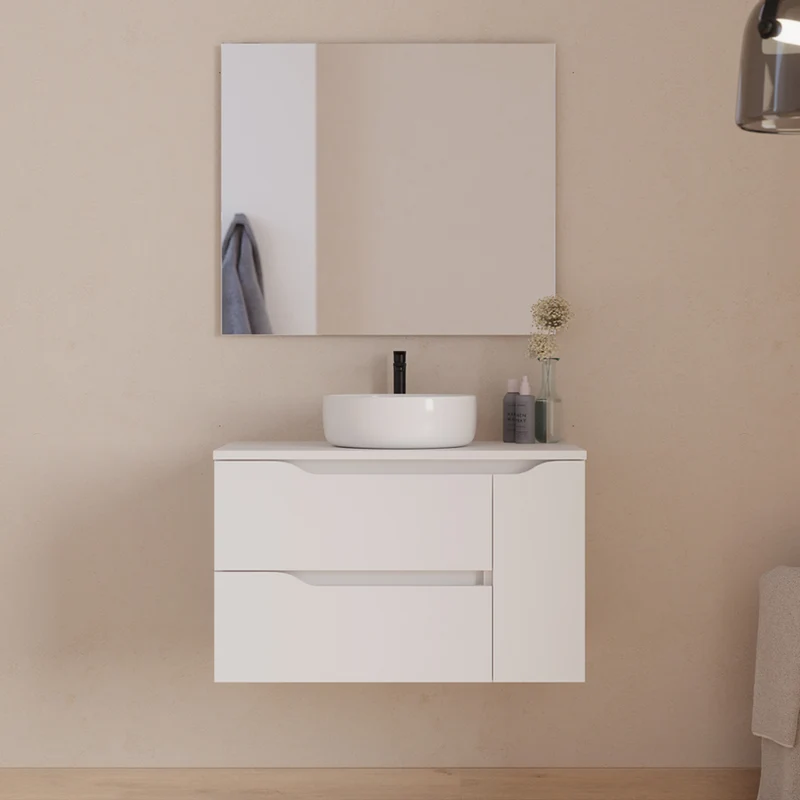 Meuble de salle de bain 80cm avec plateau et vasque à poser centrée Ares - sans miroir - 2 tiroirs et un placard - ZARZA