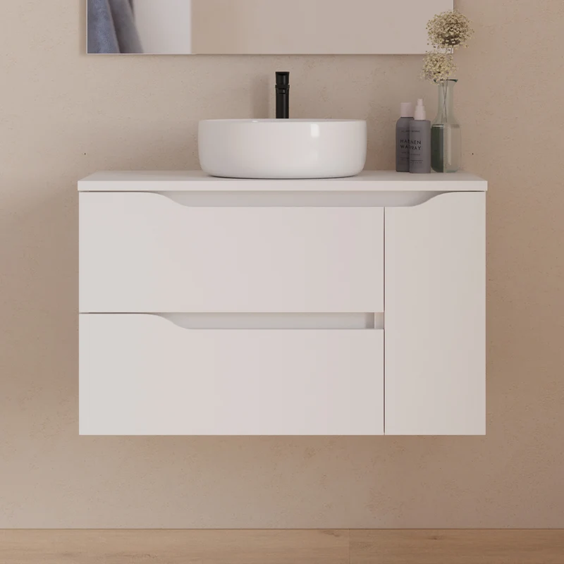 Meuble de salle de bain 80cm avec plateau et vasque à poser centrée Ares - sans miroir - 2 tiroirs et un placard - ZARZA