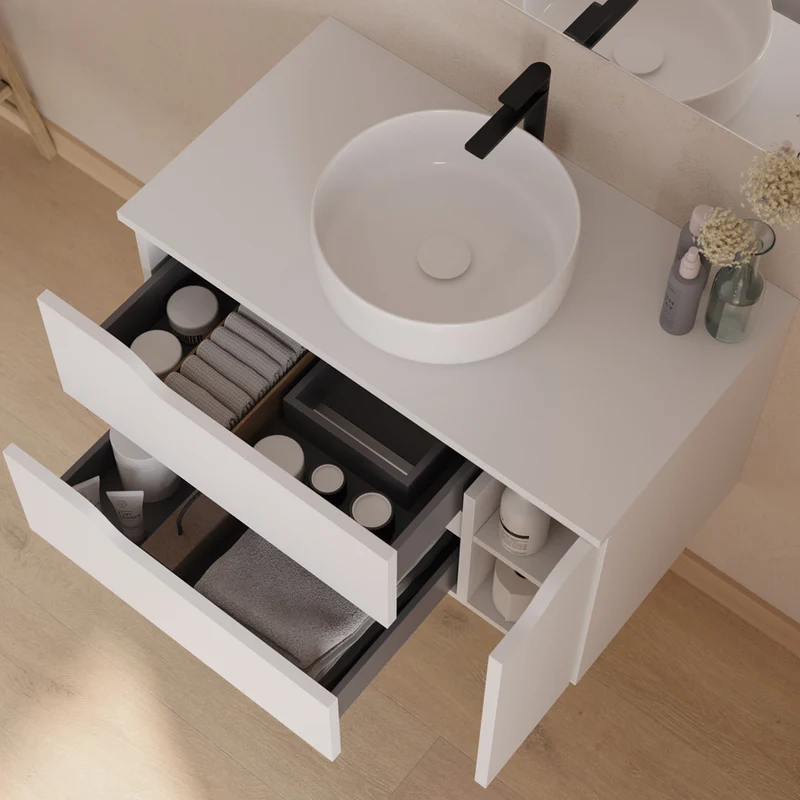 Meuble de salle de bain 80cm avec plateau et vasque à poser centrée Ares - sans miroir - 2 tiroirs et un placard - ZARZA