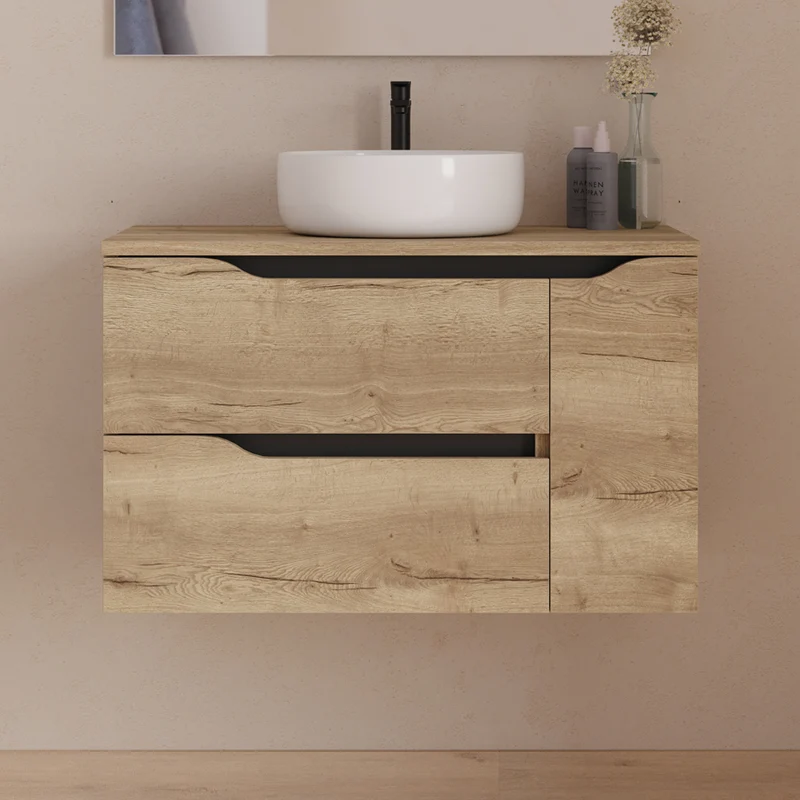 Meuble de salle de bain 80cm avec plateau et vasque à poser centrée Ares - sans miroir - 2 tiroirs et un placard - ZARZA