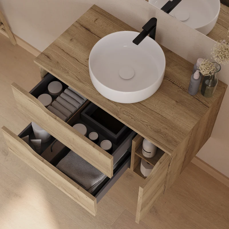 Meuble de salle de bain 80cm avec plateau et vasque à poser centrée Ares - sans miroir - 2 tiroirs et un placard - ZARZA