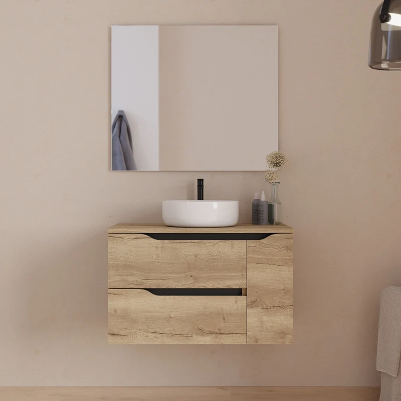 Meuble de salle de bain 80cm avec plateau et vasque à poser centrée Ares - sans miroir - 2 tiroirs et un placard - ZARZA