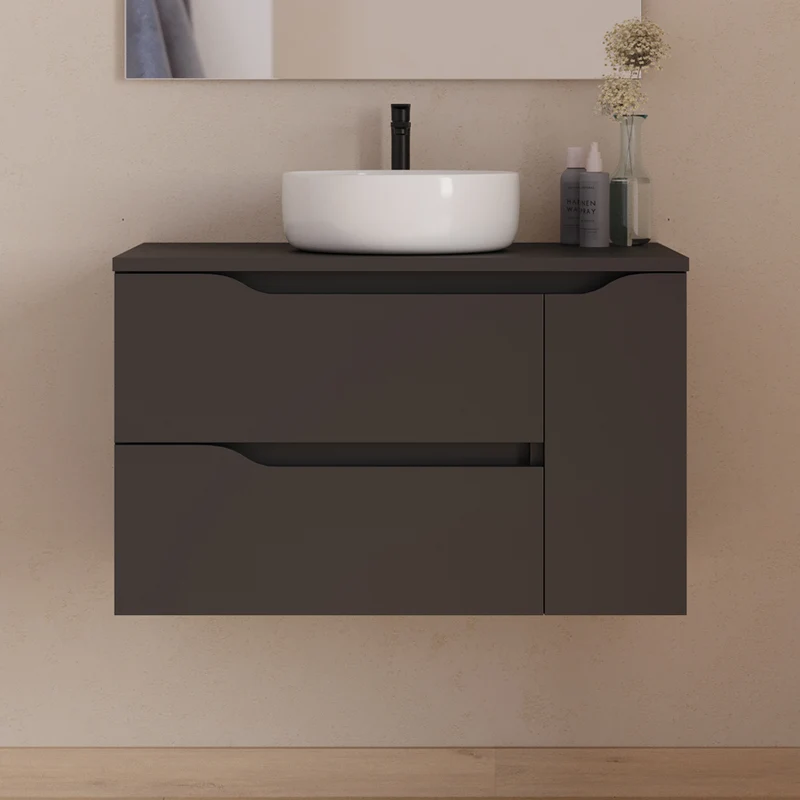 Meuble de salle de bain 80cm avec plateau et vasque à poser centrée Ares - sans miroir - 2 tiroirs et un placard - ZARZA