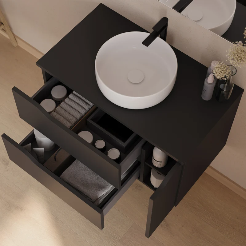 Meuble de salle de bain 80cm avec plateau et vasque à poser centrée Ares - sans miroir - 2 tiroirs et un placard - ZARZA