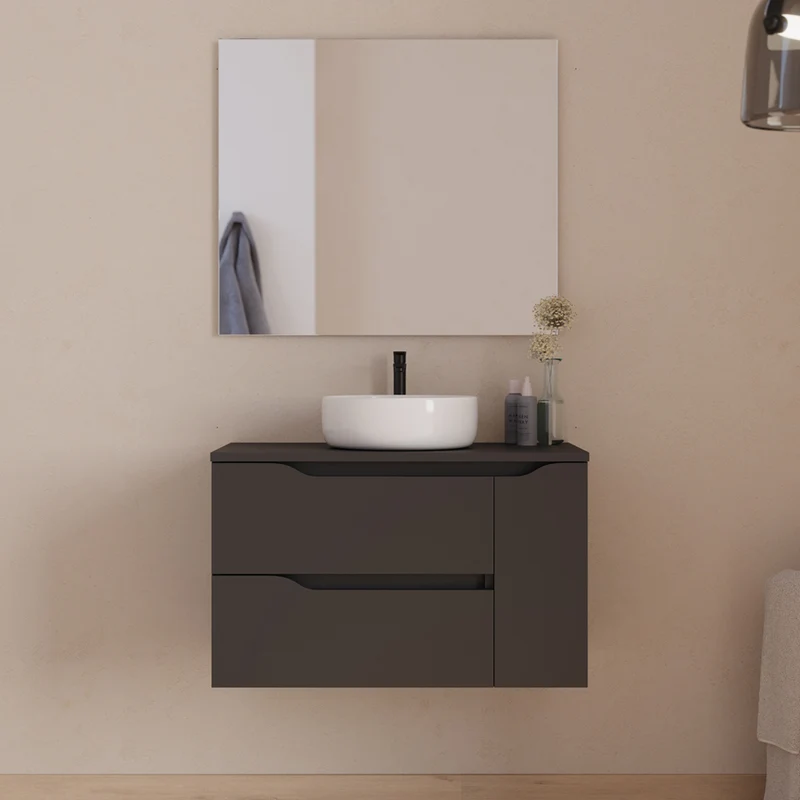 Meuble de salle de bain 80cm avec plateau et vasque à poser centrée Ares - sans miroir - 2 tiroirs et un placard - ZARZA