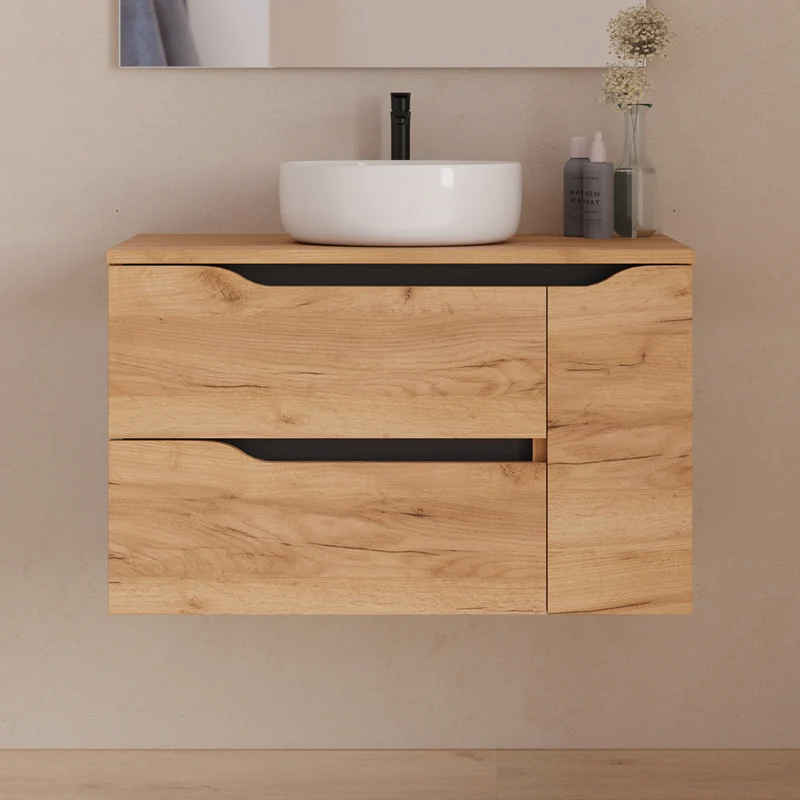 Meuble de salle de bain 80cm avec plateau et vasque à poser centrée Ares - sans miroir - 2 tiroirs et un placard - ZARZA