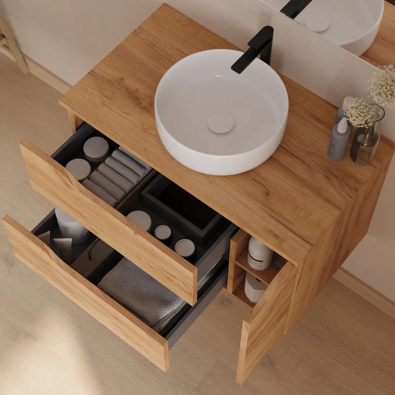 Meuble de salle de bain 80cm avec plateau et vasque à poser centrée Ares - sans miroir - 2 tiroirs et un placard - ZARZA