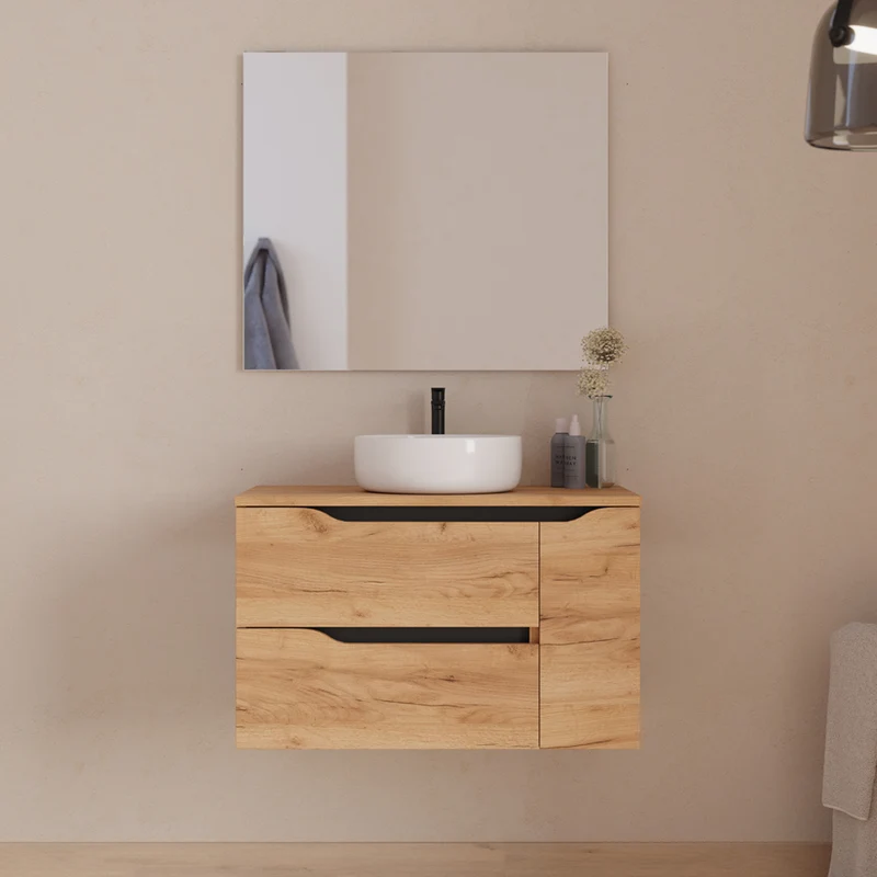 Meuble de salle de bain 80cm avec plateau et vasque à poser centrée Ares - sans miroir - 2 tiroirs et un placard - ZARZA
