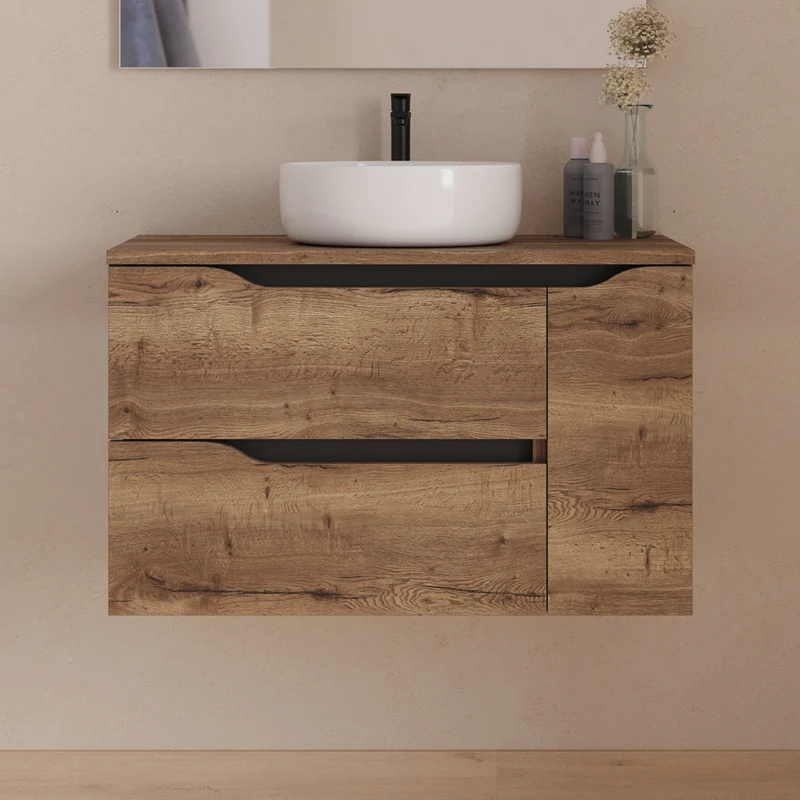 Meuble de salle de bain 80cm avec plateau et vasque à poser centrée Ares - sans miroir - 2 tiroirs et un placard - ZARZA