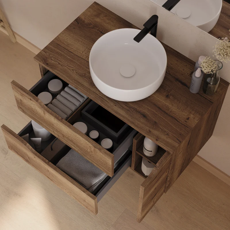 Meuble de salle de bain 80cm avec plateau et vasque à poser centrée Ares - sans miroir - 2 tiroirs et un placard - ZARZA
