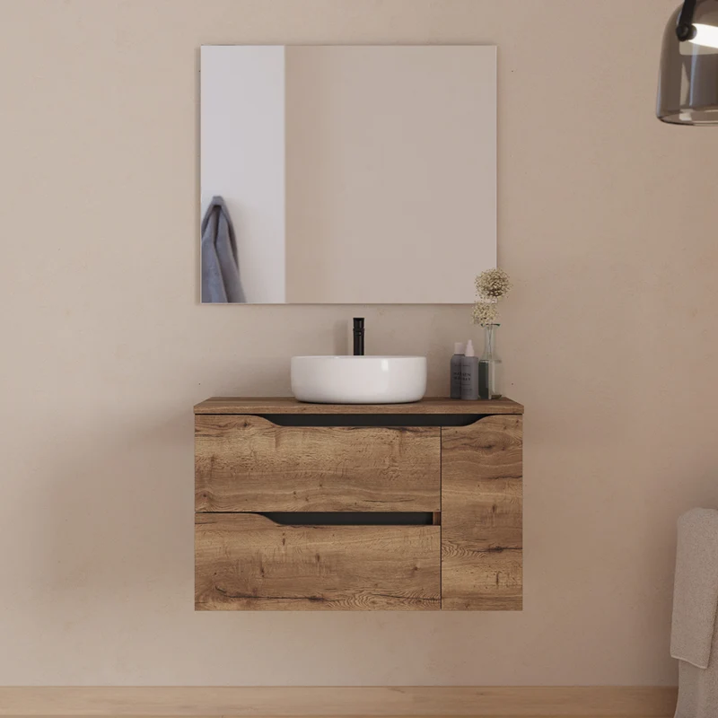 Meuble de salle de bain 80cm avec plateau et vasque à poser centrée Ares - sans miroir - 2 tiroirs et un placard - ZARZA