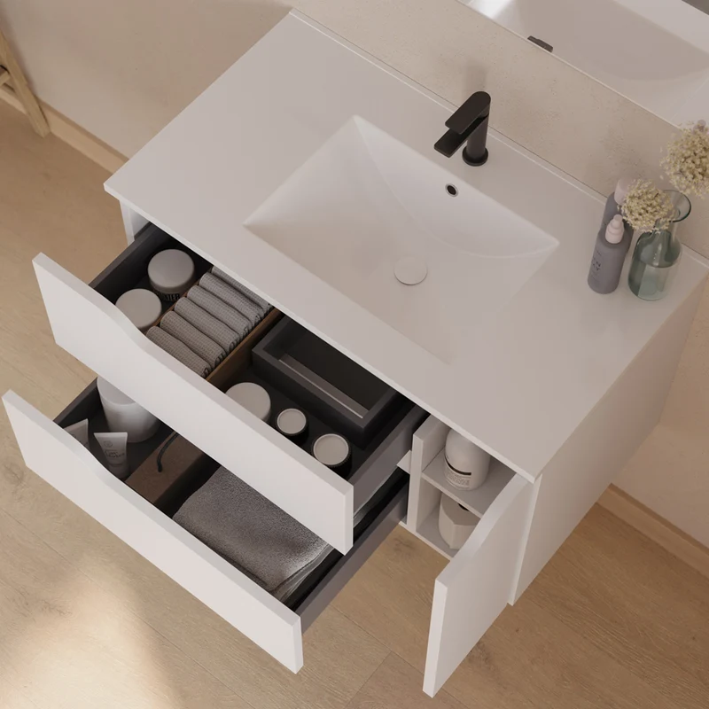 Meuble de salle de bain 80cm avec vasque centrée et miroir - 2 tiroirs et un placard - ZARZA