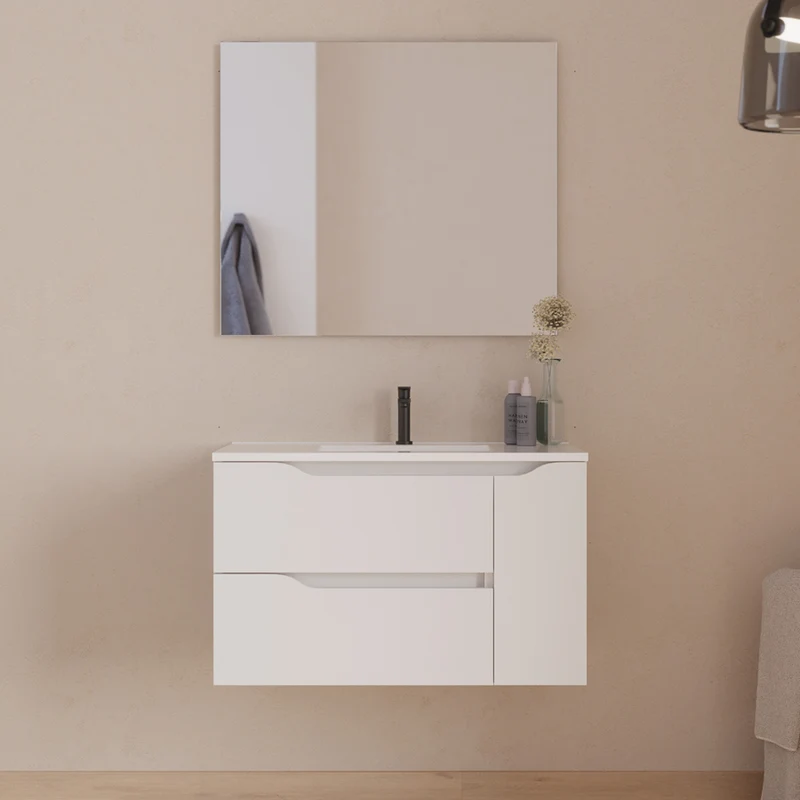 Meuble de salle de bain 80cm avec vasque centrée et miroir - 2 tiroirs et un placard - ZARZA