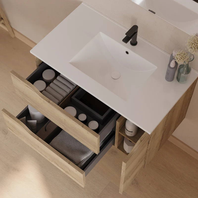Meuble de salle de bain 80cm avec vasque centrée et miroir - 2 tiroirs et un placard - ZARZA