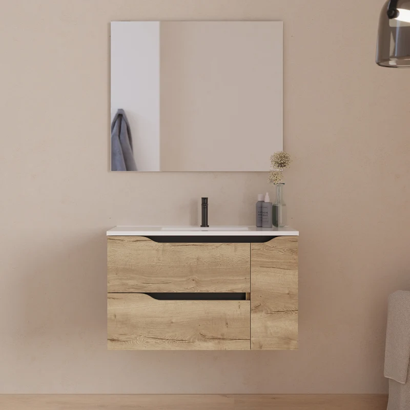 Meuble de salle de bain 80cm avec vasque centrée et miroir - 2 tiroirs et un placard - ZARZA