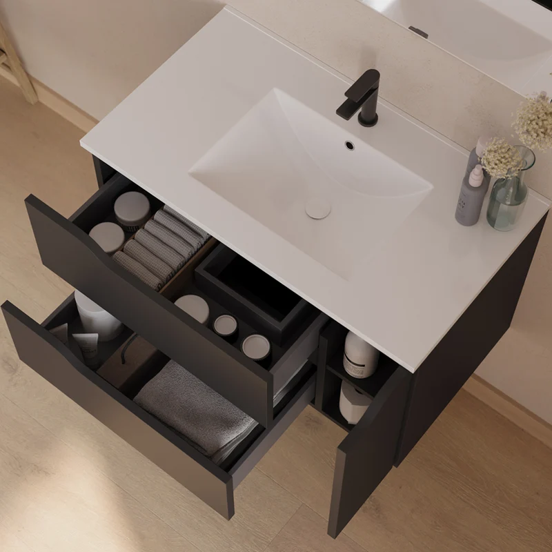 Meuble de salle de bain 80cm avec vasque centrée et miroir - 2 tiroirs et un placard - ZARZA