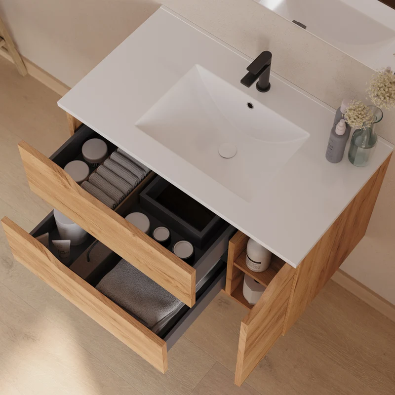 Meuble de salle de bain 80cm avec vasque centrée et miroir - 2 tiroirs et un placard - ZARZA