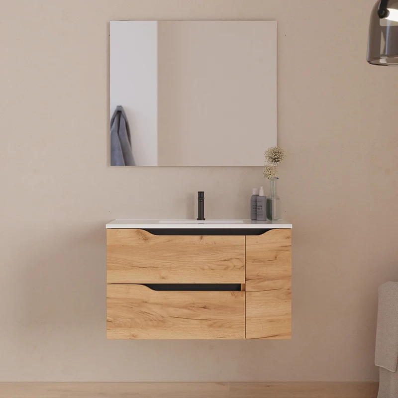 Meuble de salle de bain 80cm avec vasque centrée et miroir - 2 tiroirs et un placard - ZARZA
