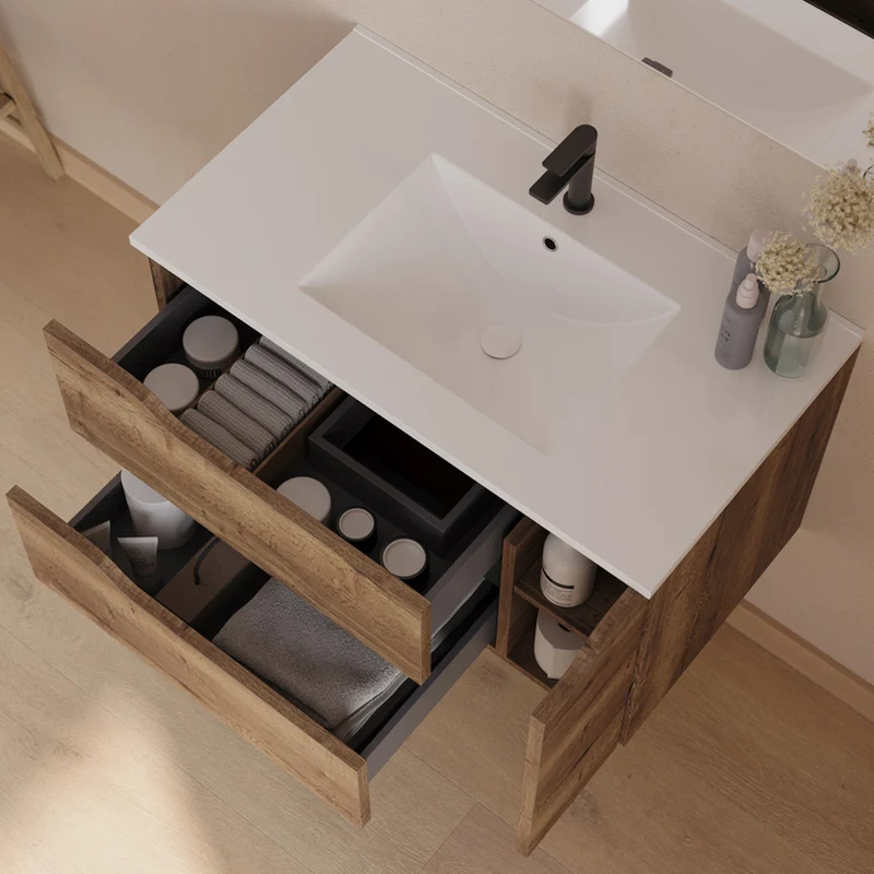 Meuble de salle de bain 80cm avec vasque centrée et miroir - 2 tiroirs et un placard - ZARZA