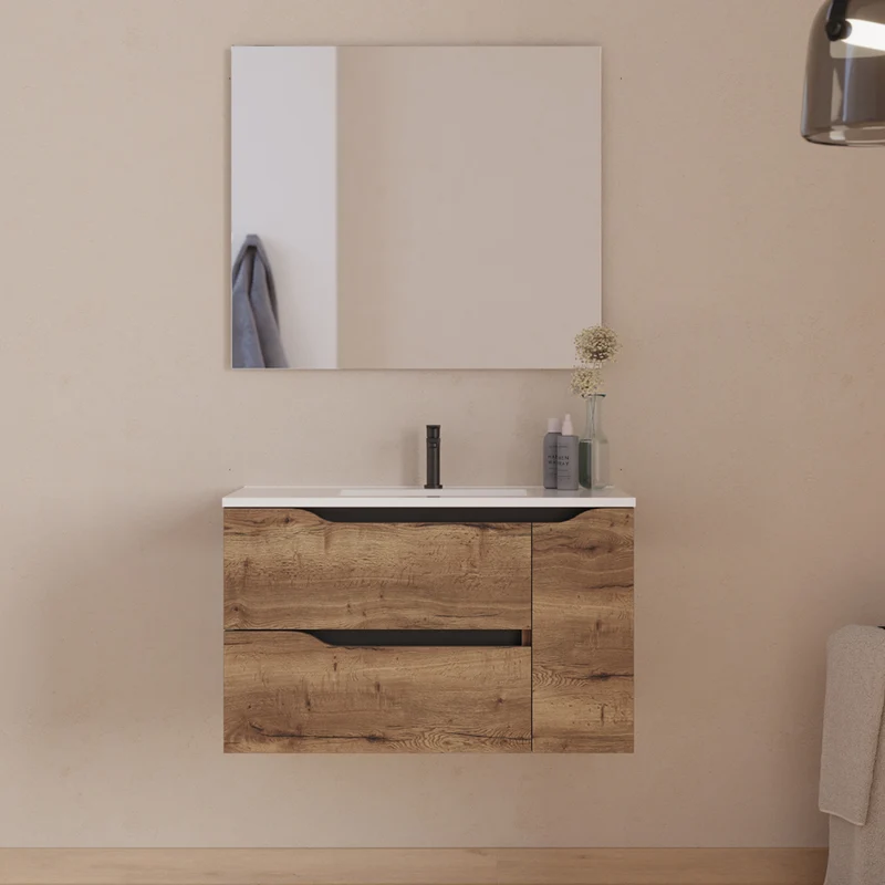 Meuble de salle de bain 80cm avec vasque centrée et miroir - 2 tiroirs et un placard - ZARZA