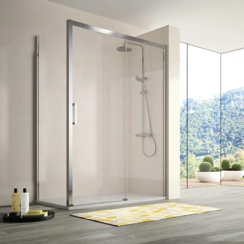 Mampara de ducha frontal + Puerta Corredera S400 Cromado con Cristal serigrafiado