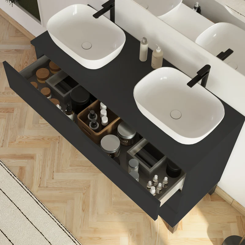Meuble de salle de bain 120cm avec plateau et 2 vasques à poser Zeus - 3 tiroirs - MATA