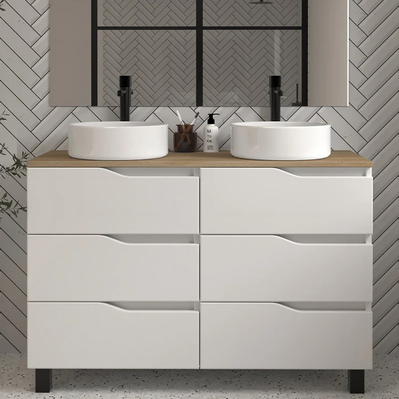 Meuble de salle de bain 120 avec plateau et 2 vasques à poser - 6 tiroirs - MATA