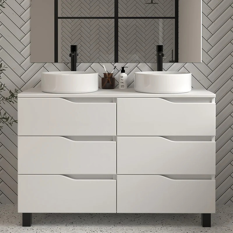 Meuble de salle de bain 120 avec plateau et 2 vasques à poser - 6 tiroirs - MATA