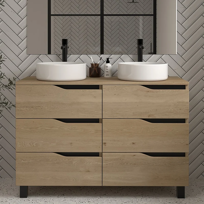 Meuble de salle de bain 120 avec plateau et 2 vasques à poser - 6 tiroirs - MATA