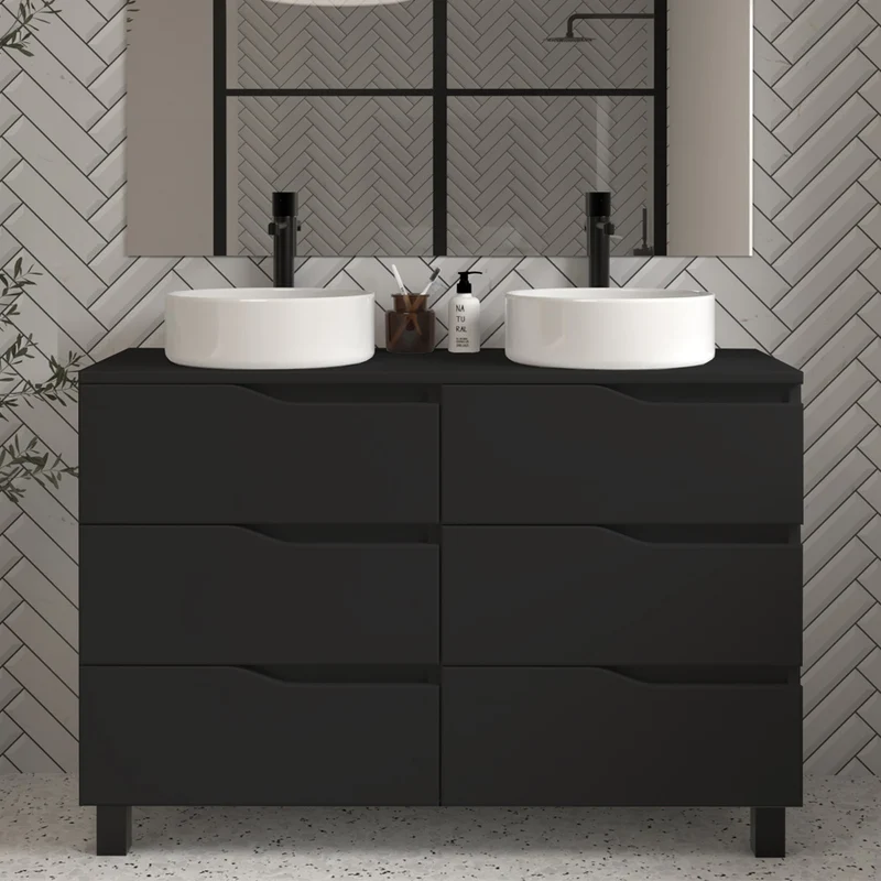 Meuble de salle de bain 120 avec plateau et 2 vasques à poser - 6 tiroirs - MATA