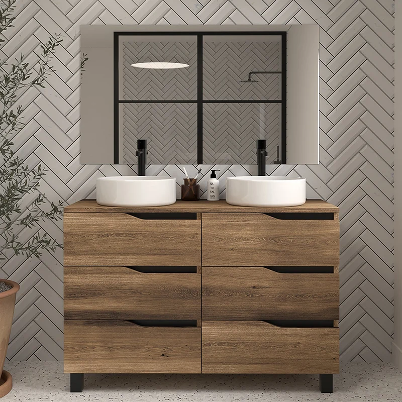 Meuble de salle de bain 120 avec plateau et 2 vasques à poser - 6 tiroirs - MATA