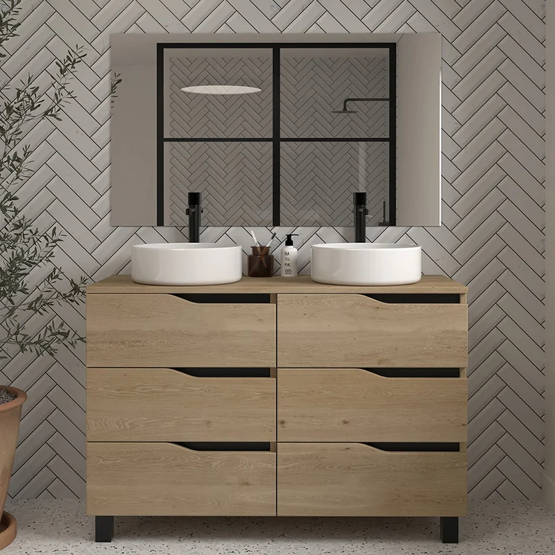 Meuble de salle de bain 120 avec plateau et 2 vasques à poser - 6 tiroirs - MATA