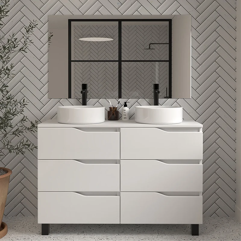 Meuble de salle de bain 120 avec plateau et 2 vasques à poser - 6 tiroirs - MATA