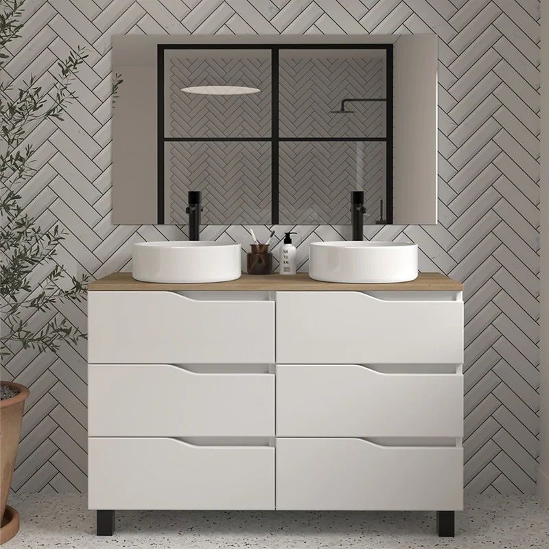 Meuble de salle de bain 120 avec plateau et 2 vasques à poser - 6 tiroirs - MATA