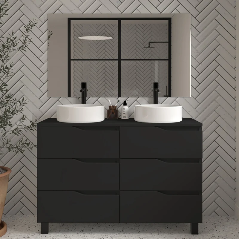 Meuble de salle de bain 120 avec plateau et 2 vasques à poser - 6 tiroirs - MATA