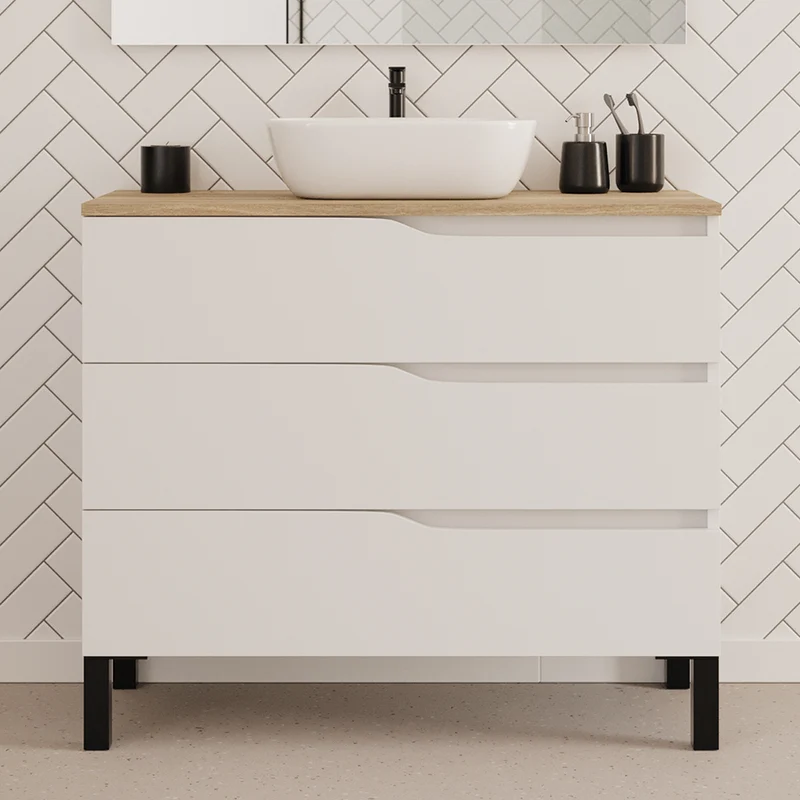 Meuble de salle de bain 100cm avec plateau et vasque à poser zeus - sans miroir - 3 tiroirs - MATA
