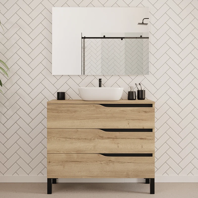 Meuble de salle de bain 100cm avec plateau et vasque à poser zeus - 3 tiroirs - MATA