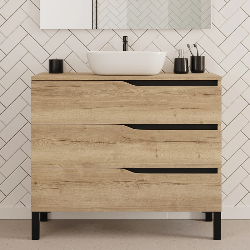 Meuble de salle de bain 100cm avec plateau et vasque à poser zeus - sans miroir - 3 tiroirs - MATA