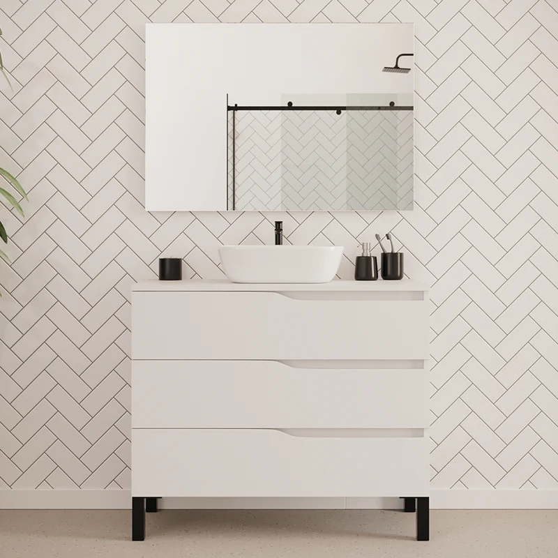 Meuble de salle de bain 100cm avec plateau et vasque à poser zeus - 3 tiroirs - MATA