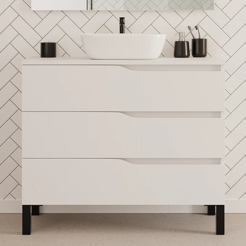 Meuble de salle de bain 100cm avec plateau et vasque à poser zeus - sans miroir - 3 tiroirs - MATA